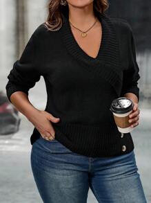 SHEIN LUNE Plus Size Solid Color V-Neck Long Sleeve Button-Up Casual Sweater, For Winter Knit Pullover Fall Sweater - Black - View 4