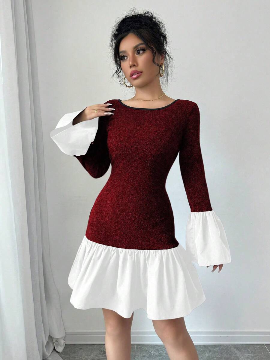 Elenzga Women's Solid Color Patchwork Round Neck Long Sleeve Casual Short Dress Fall Cloth For Women - Red and White - View 1