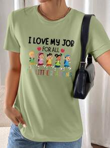 INAWLY 我热爱我的工作，因为所有原因图案短袖圆领休闲 T 恤，适合女士，非常适合夏季教师节图案 T 恤女式上衣 - 軍綠色 - 查看 5