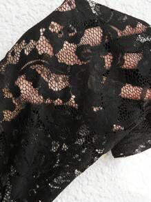 SHEIN Clasi Đầm dài ren vá cổ vuông thanh lịch cho nữ cỡ lớn, phù hợp cho mùa xuân và mùa thu - màu đen - Xem 3