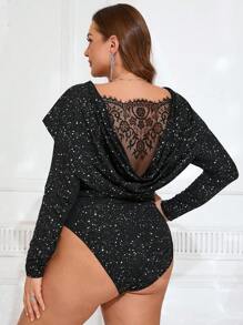 SHEIN Frenchy 大码女式优雅蕾丝拼布垂坠长袖紧身衣 - 黑色 - 查看 1