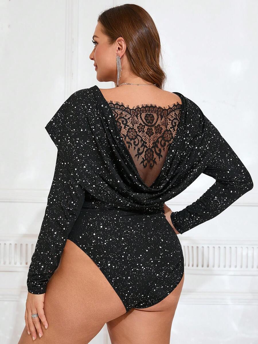 SHEIN Frenchy 大码女式优雅蕾丝拼布垂坠长袖紧身衣 - 黑色 - 查看 1