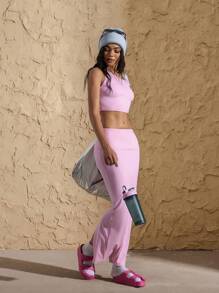 VARSITIE Sloping Collar Slim Fit Low Waist Stretchy Women Sports Sets - Pink - View 4