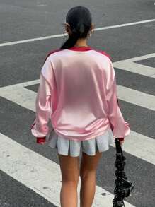 Muchica Women's Retro Colorblock Ancora Red Print V-Neck Collar Long Sleeve Jersey