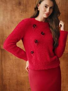 MOTF PREMIUM 亮片花卉拼贴蓬松针织毛衣