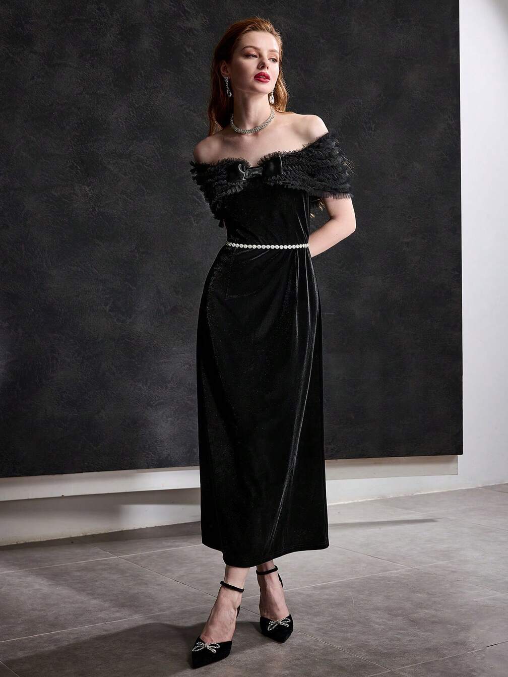black velvet off the shoulder dress Draped Cuff Off-the-shoulder Velvet Maxi Bridesmaid Dress With Pockets In  Black