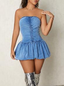 SHEIN SXY Women's Solid Color Ruffle Hem Strapless Denim Dress