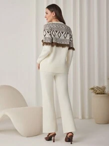 Mulvari 2pcs/Set Women Geometric Print Tassel Decor Crew Neck Long Sleeve Sweater Top And Solid Color Pants - Apricot - View 6