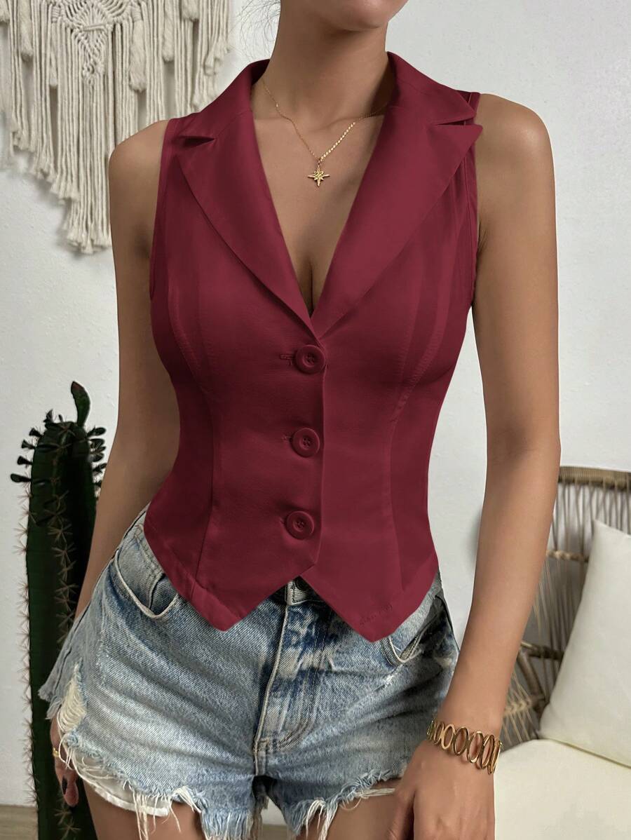 Firerie 女式纯色单排扣休闲背心夹克，秋季 - 酒紅色 - 查看 1