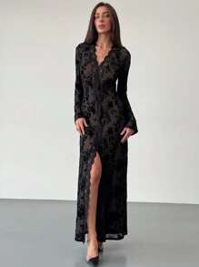 Aloruh 长袖 V 领高开叉长款植绒女式连衣裙，适合浪漫约会 - 黑色 - 查看 1