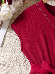 SHEIN Teen Girl Fashionable Elegant Solid Color Pleated Round Neck Dress Casual Versatile With Belt - Burgundy - View 7