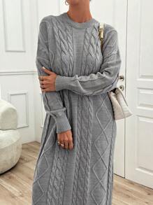 EURMUSE Women Solid Drop Shoulder Oversize Cable Knit Sweater Dress - Grey - View 3