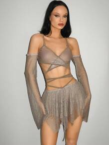 SHEIN ICON 2 件套网眼透明系带不对称下摆套装