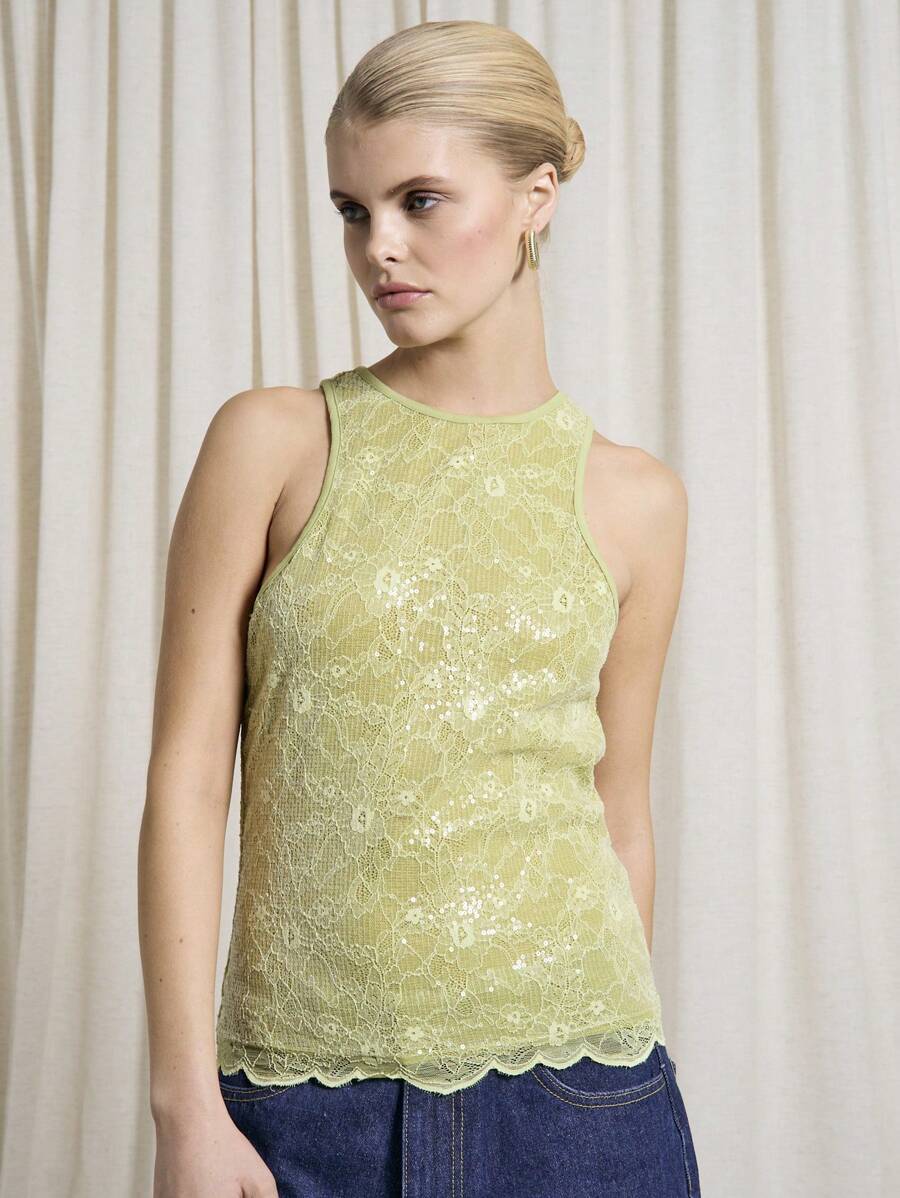 AiiRZ Rave 优雅无袖蕾丝背心非常适合圣帕特里克节庆祝活动爱尔兰主题扇形下摆工字背节日派对亮片装饰晚间节日服装 - 綠色 - 查看 1