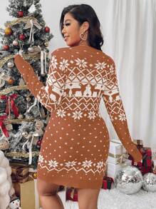 Flirla Plus Size Women Knit Round Neck Christmas Elements Pattern Jacquard Raglan Long Sleeve Casual Fitted Sweater Dress, Suitable For Christmas & New Year, Autumn/Winter - Multicolor - View 2