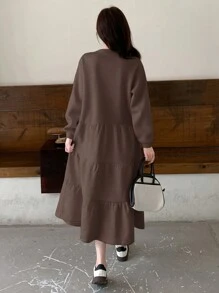 DAZY 女士休闲字母印花保暖衬里长裙，秋冬，秋季女装长袖连衣裙 - 棕色 - 查看 4