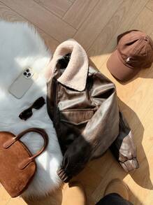 Muchica Ladies New Style Barn Jacket Lapel Leather Jacket - Brown - View 4