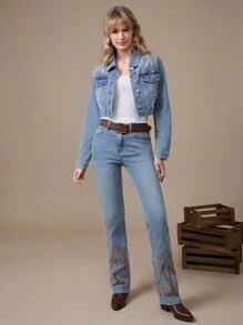 WESTFADE Premium Denim Cotton Collared Button Front Western Embroidered Cropped Trucker Jacket Nashville Style Outfits - Light Wash - View 1