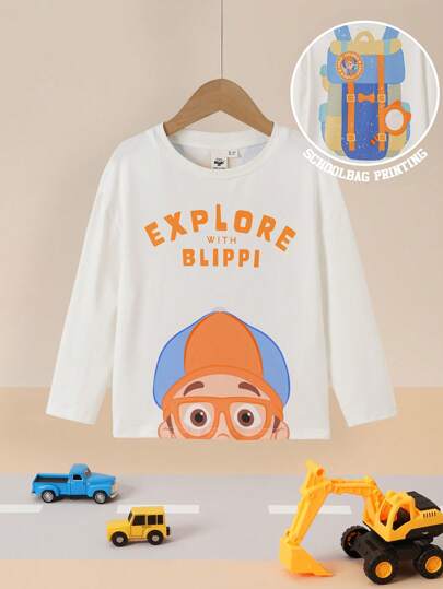 Blippi X SHEIN Camiseta blanca de manga larga con estampado de dibujos animados linda y casual para niño pequeño