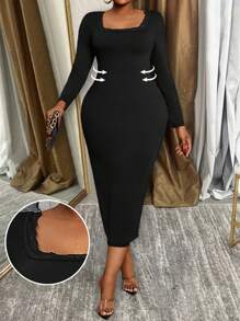 Slaydiva 女式加大码纯色方领紧身优雅长袖连衣裙 - 黑色 - 查看 1