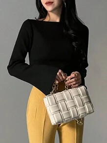 DAZY Damen Schwarz Breit Gestreifter Bootausschnitt Trompetenärmel Figurbetonte Pullover, Frühling/Herbst, Herbst Damenbekleidung