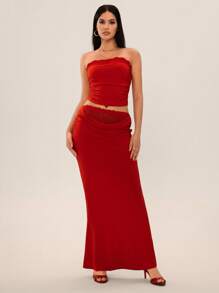 SHEIN SXY 2 件套女士夏季纯色蝴蝶结装饰修身抹胸和褶皱鱼尾裙套装 - 紅色 - 查看 7