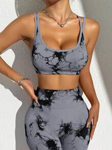 Slayoga Conjunto esportivo sem costura de alta elasticidade com tie-dye (estampa aleatória) Conjunto de treino feminino Conjunto de leggings feminino