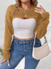 Calvaya Áo len chui đầu cổ tròn tay dài trơn cỡ lớn cho nữ, thường ngày, thu/đông - Lạc đà - Xem 3