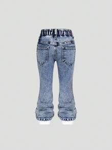 SHEIN Young Girl' Medium Wash Blue Star Applique Embroidery Distressed Skinny Flare Jeans, School, Campus, College Summer Holiday - Medium Wash - View 2