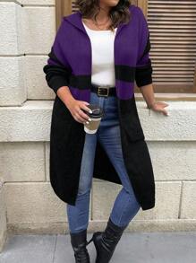 Plus Size Solid Color Patchwork Long Sleeve Cardigan, Casual Everyday Wear, For Winter - Purple - View 1