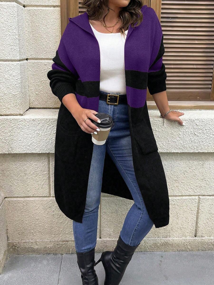 Plus Size Solid Color Patchwork Long Sleeve Cardigan, Casual Everyday Wear, For Winter - Purple - View 1