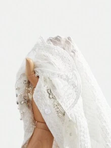 Anewsta Embellished Lace Panel Ruffle Hem Pearl Bead Embroidered Voile Blouse Women Shirt