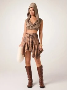 Glamine Women Short Casual Solid Color Knit Hooded Tank Top - Camel - View 3