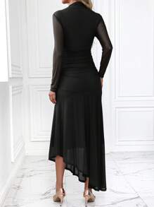 MaterniWear Đầm bầu tay dài cổ đứng viền bất đối xứng màu trơn cho bà bầu, Đầm cho mùa xuân/hè - màu đen - Xem 2