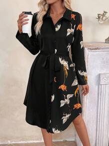 EMERY ROSE Vestido elegante de manga larga hasta la pantorrilla con botones en la parte delantera, cinturón y estampado floral para mujer