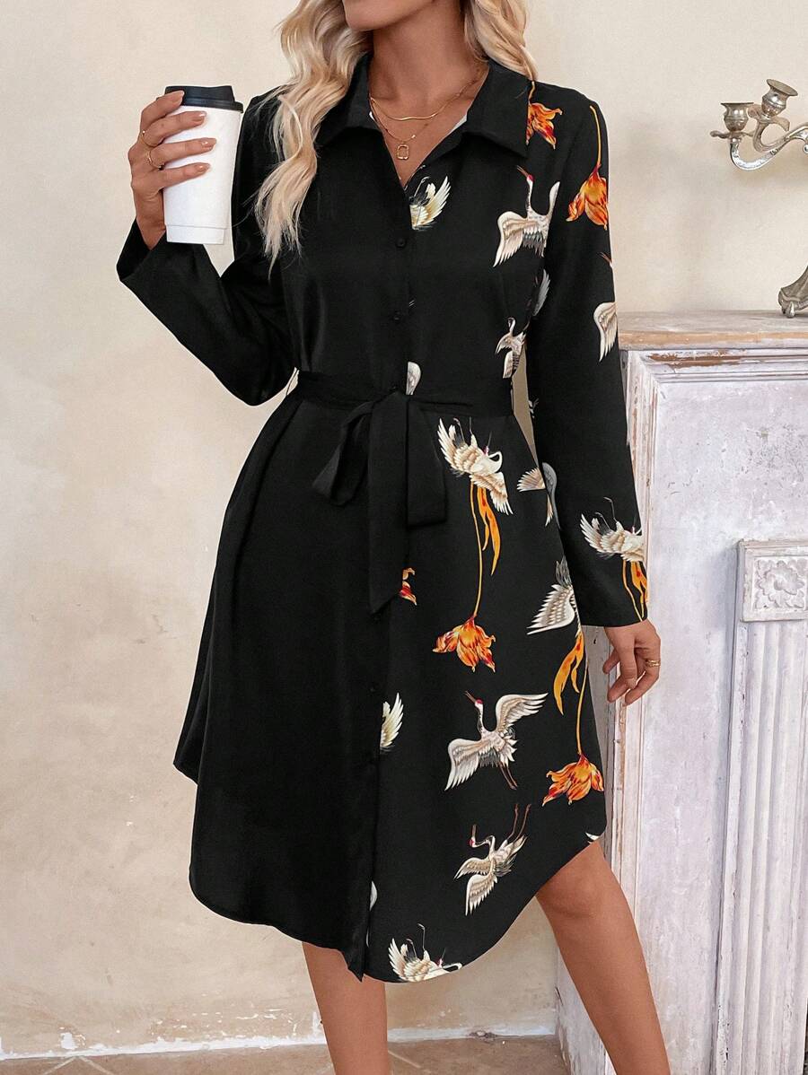 EMERY ROSE Vestido elegante de manga larga hasta la pantorrilla con botones en la parte delantera, cinturón y estampado floral para mujer