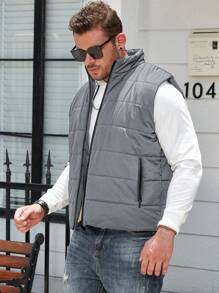 Manfinity Homme Plus Size Men's Solid Color Zipper Front Casual Padded Vest For Winter - Grey - View 4