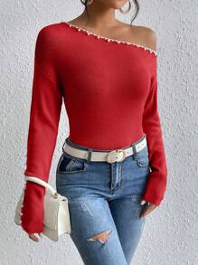 SHEIN Privé Solid Color Asymmetric Collar Studded Decor Casual Versatile Long Sleeve Pullover Sweater - Red - View 7