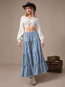 WESTFADE Falda larga de verano con volantes y rayas, estilo occidental para vacaciones - Neblina azul - Ver 7