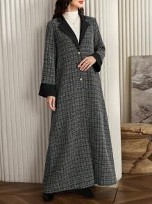 Al Najma Women's Plaid Lapel Collar Single Breasted Casual Arabian Abaya, Modest Robe - Black - View 2
