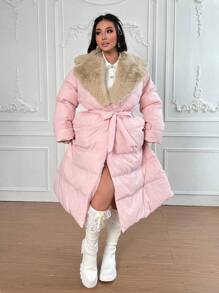 Flirla 连帽长款羽绒服，休闲保暖优雅，适合冬装，粉色 - 粉色 - 查看 5