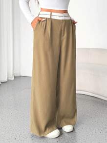 Flirla 大码女式复古宽松翻领直腿休闲西装裤 - 卡其色 - 查看 3