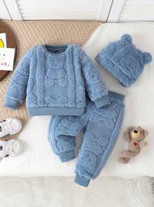 SHEIN Vintaside Kids Bộ 3 áo nỉ dệt kim gấu bông màu trắng Unisex cho bé trai, quần nỉ và mũ tai gấu, ấm áp và thoải mái cho mùa thu/đông - Màu xanh lam - Xem 6