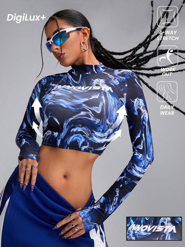 Innovista Fashionable Tie Dye Stand Collar Fitted Cropped Sports T-Shirt