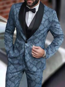 Manfinity AFTRDRK Men's 2-Pcs Color Block Shawl Collar Blazer & Pants Business Travel Suit, Autumn - Navy Blue - View 1