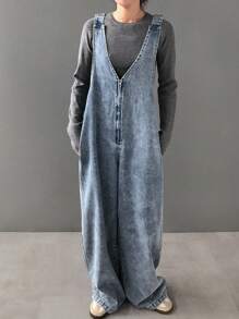 FRIFUL 女士时尚水洗宽松阔腿牛仔背带裤，适合秋季穿着，女士牛仔裤 - 藍色 - 查看 1