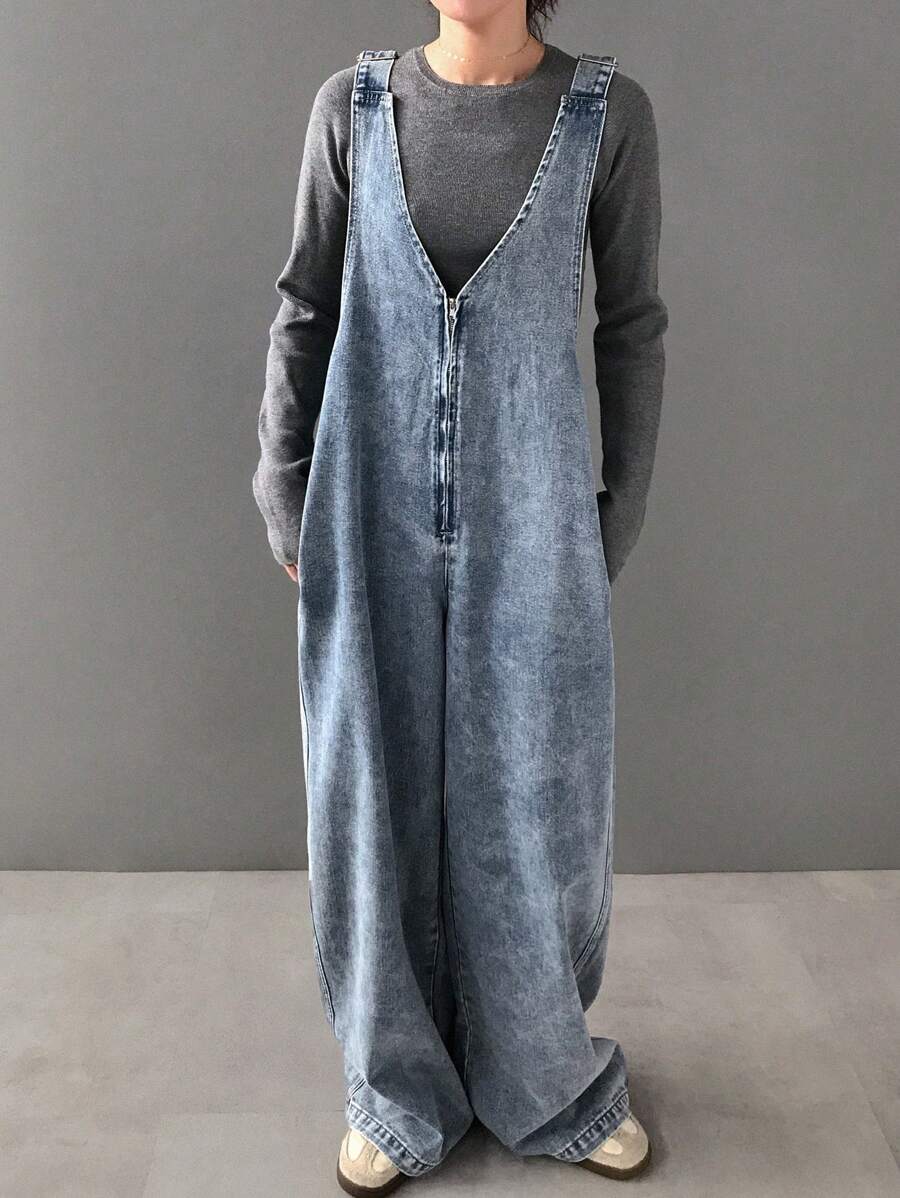 FRIFUL 女士时尚水洗宽松阔腿牛仔背带裤，适合秋季穿着，女士牛仔裤 - 藍色 - 查看 1