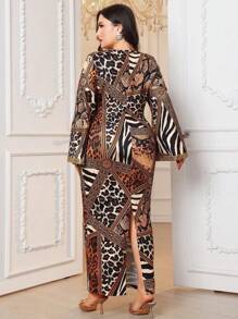 Al Najma Plus Size Women Leopard Print V-Neck Elegancka marszczona obcisła sukienka, Eleganckie dopasowane sukienki Jalabiya Maxi, Na wieczorne przyjęcie/wesele/rocznicę