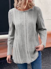 EMERY ROSE Vrouwen Eenvoudige Effen Kleur Ronde Hals Lange Mouw Geribbelde Gebreide Top, Casual Dagelijkse Kleding