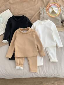 SHEIN LMoss Kids 6 件套女婴可爱高领纯色长袖上衣和松紧腰长裤，秋冬 - 彩色 - 查看 8